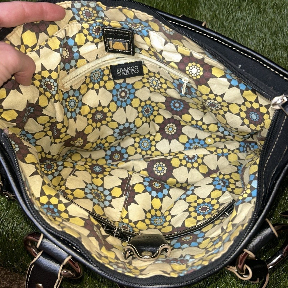 Franco Sarto Black Nylon‎ Satchel Handbag Silver Hardware Geometric Lining - Picture 7 of 10